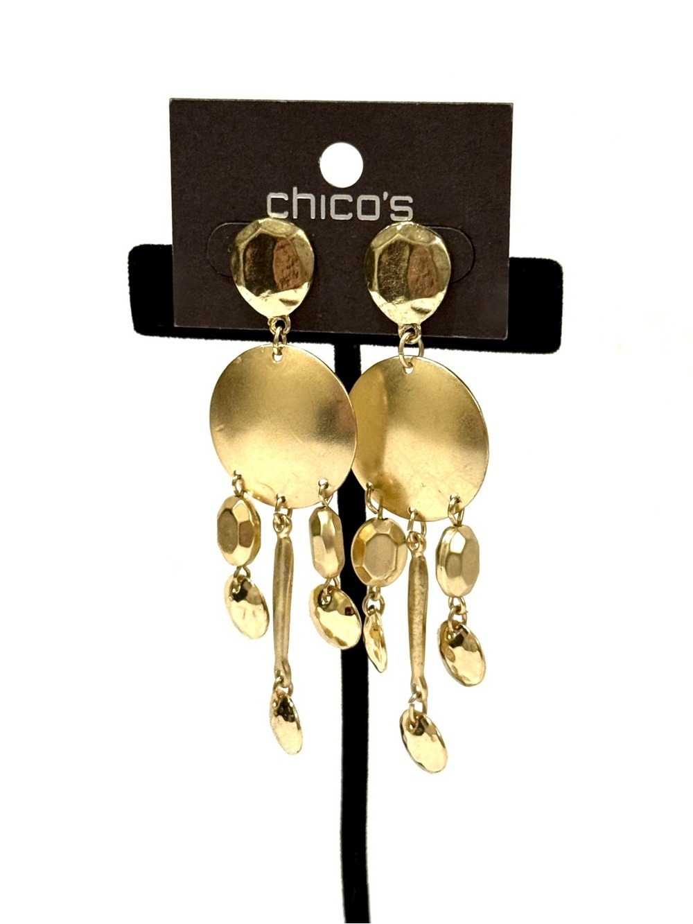CHICO’s 3.5” Long Gold-tone Hammered Disc Dangle Earrings | NWT
